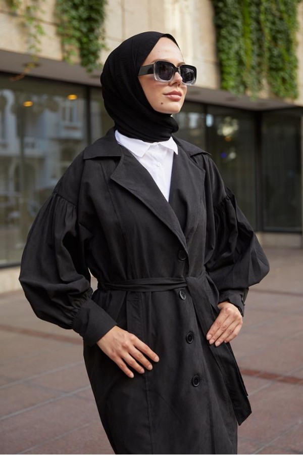  Balon Kol Tesettür Trenç Siyah 61510