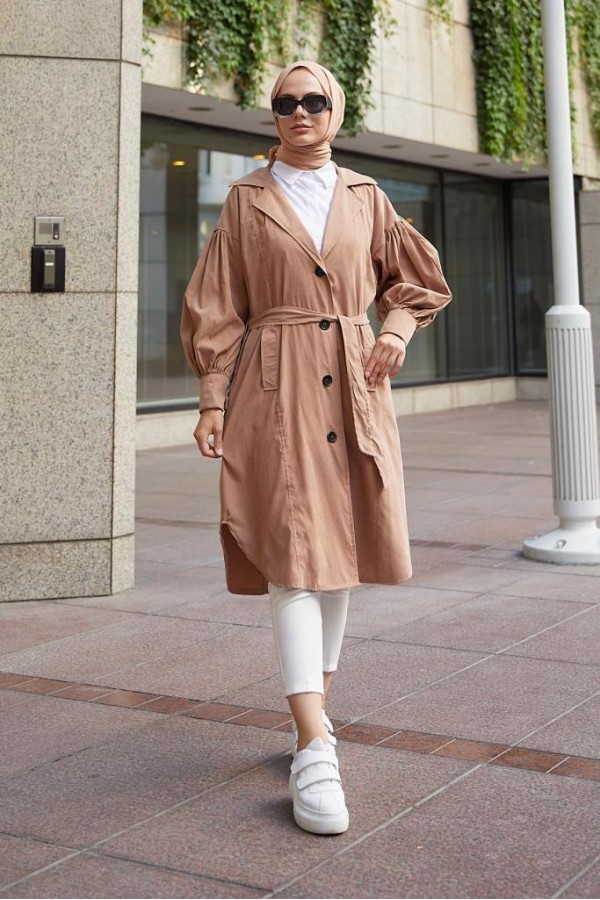  Balon Kol Tesettür Trenç Somon 61510