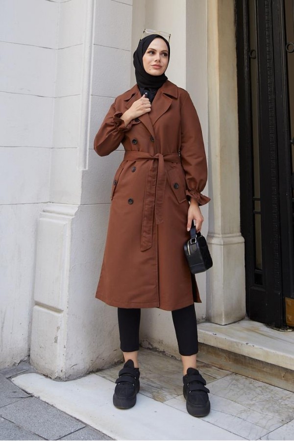  Kruvaze Tesettür Trençkot Kahve 61319