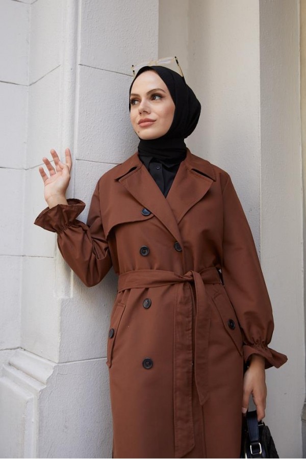  Kruvaze Tesettür Trençkot Kahve 61319