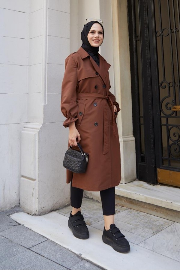  Kruvaze Tesettür Trençkot Kahve 61319