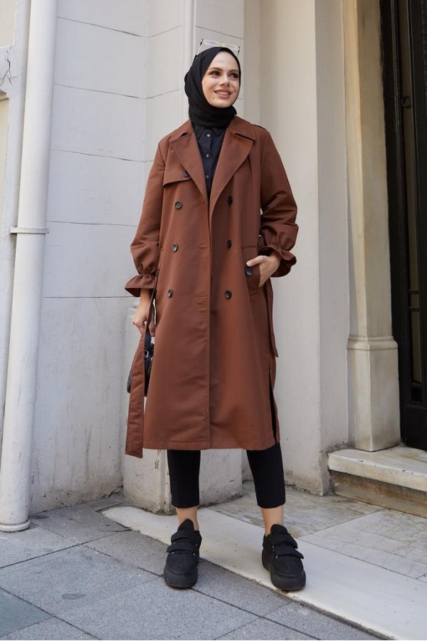  Kruvaze Tesettür Trençkot Kahve 61319