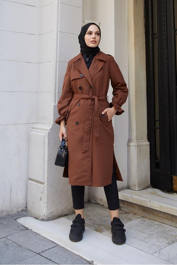  Kruvaze Tesettür Trençkot Kahve 61319
