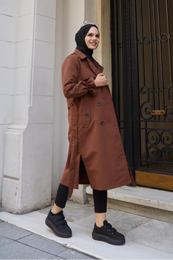  Kruvaze Tesettür Trençkot Kahve 61319