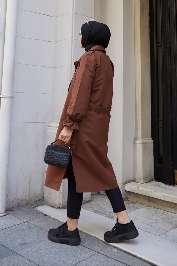  Kruvaze Tesettür Trençkot Kahve 61319