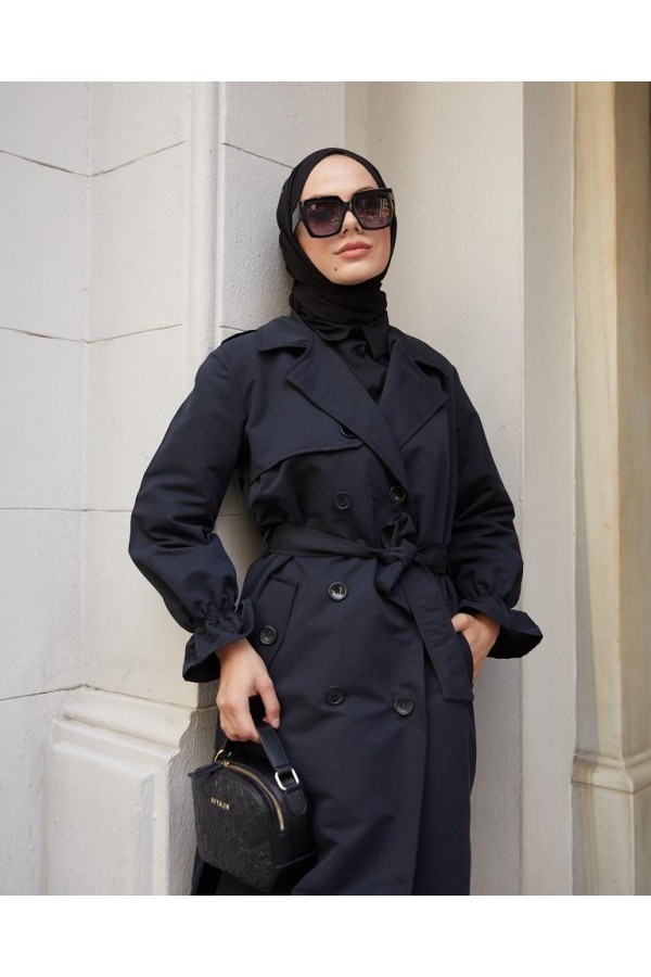  Kruvaze Tesettür Trençkot Siyah 61319