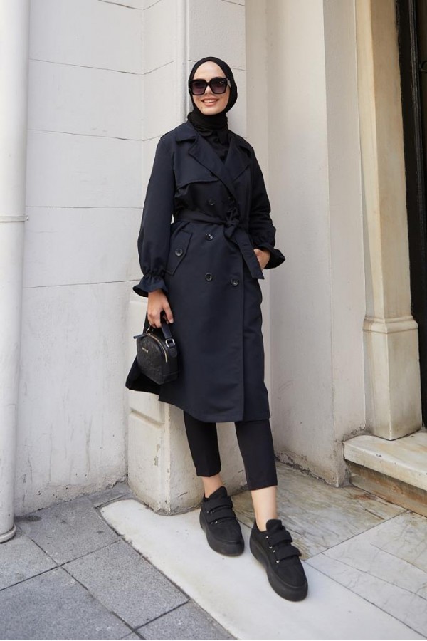  Kruvaze Tesettür Trençkot Siyah 61319