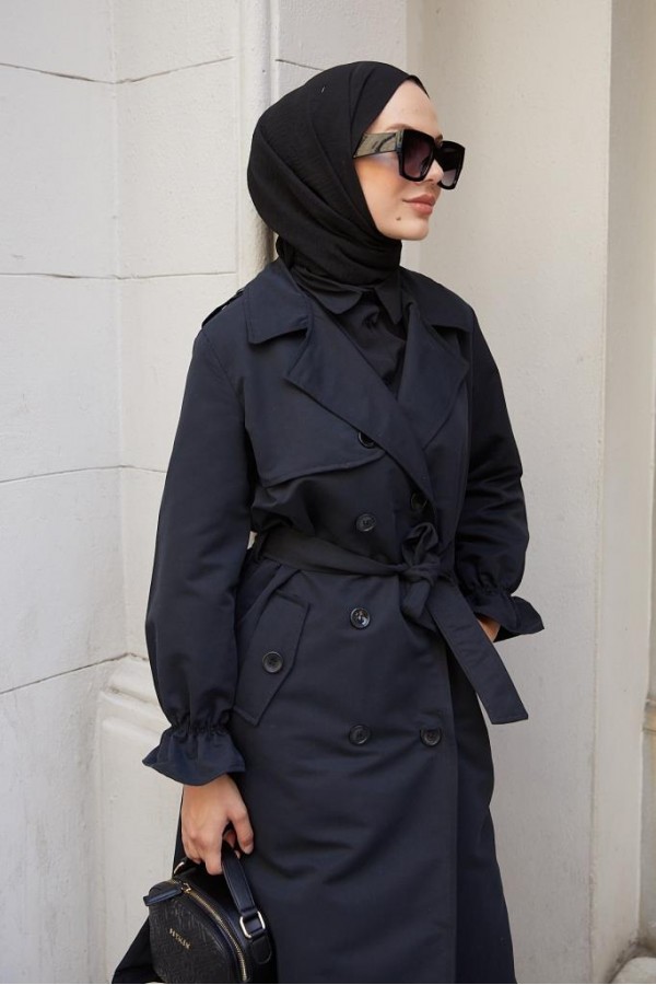  Kruvaze Tesettür Trençkot Siyah 61319