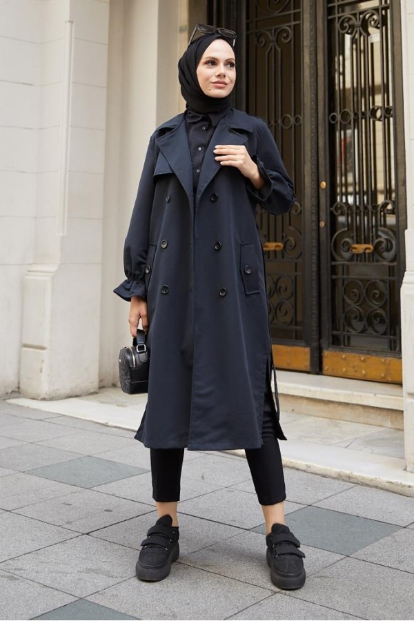  Kruvaze Tesettür Trençkot Siyah 61319