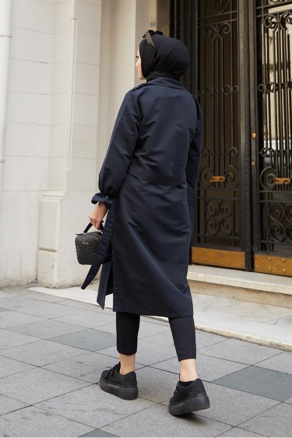  Kruvaze Tesettür Trençkot Siyah 61319