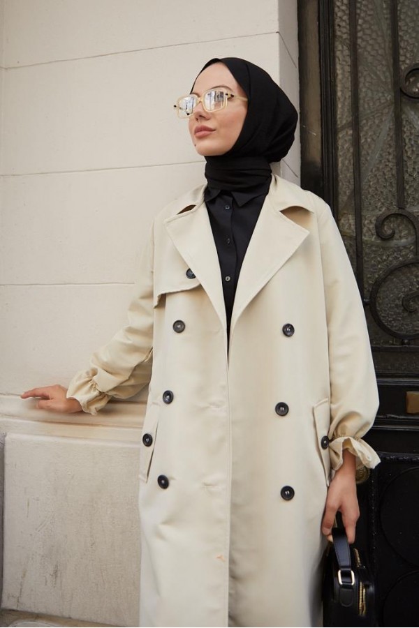  Kruvaze Tesettür Trençkot Taş 61319