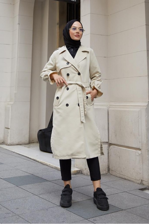  Kruvaze Tesettür Trençkot Taş 61319