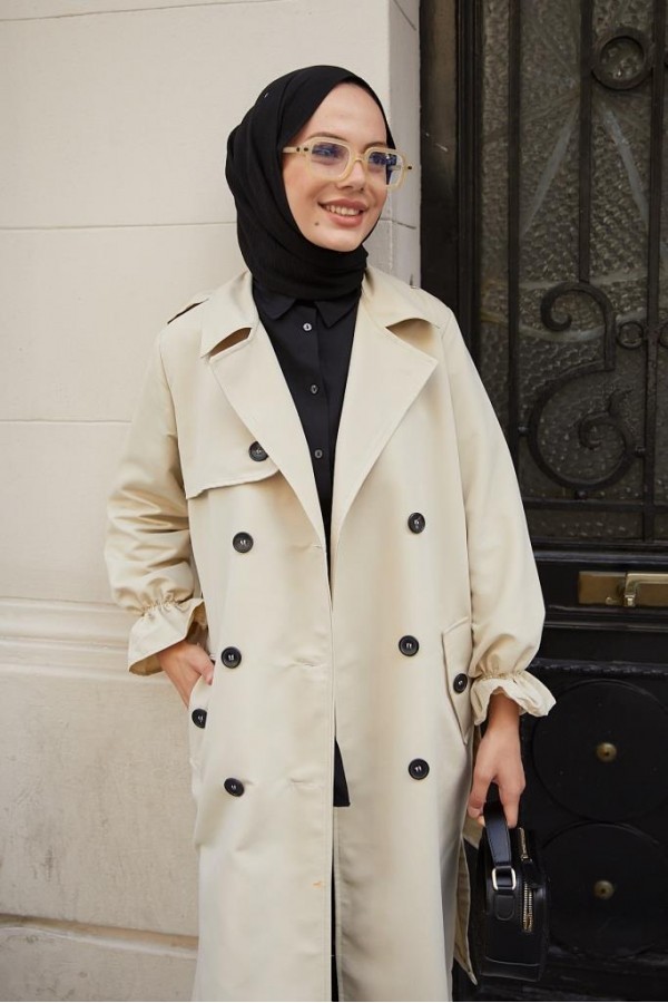  Kruvaze Tesettür Trençkot Taş 61319