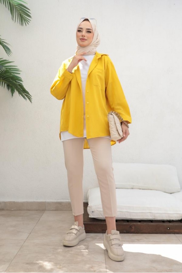  Kendinden Desenli Tesettür Gömlek Hardal 61505