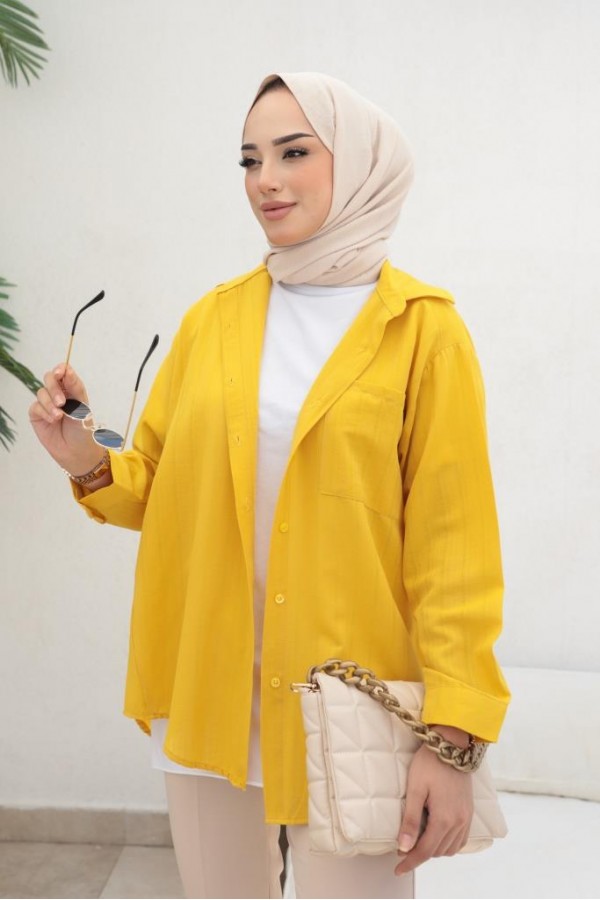  Kendinden Desenli Tesettür Gömlek Hardal 61505