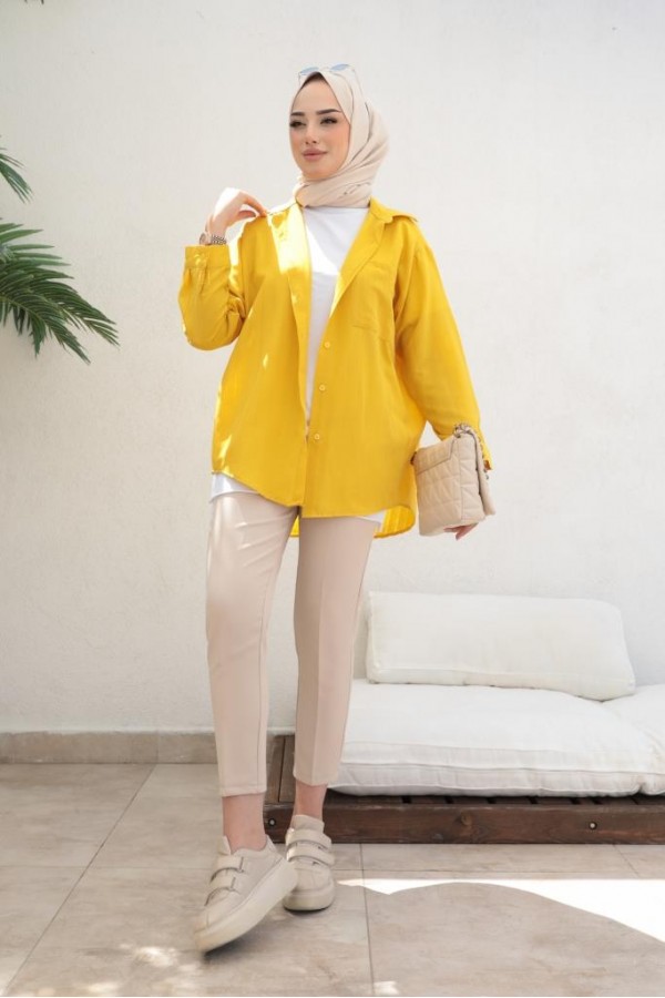  Kendinden Desenli Tesettür Gömlek Hardal 61505