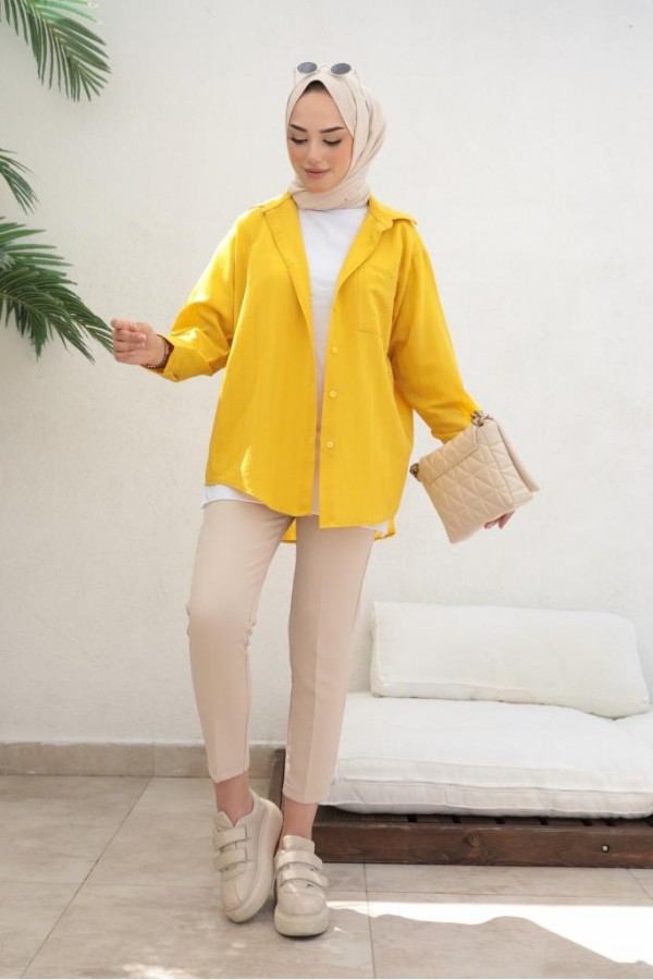  Kendinden Desenli Tesettür Gömlek Hardal 61505