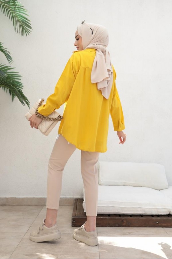  Kendinden Desenli Tesettür Gömlek Hardal 61505