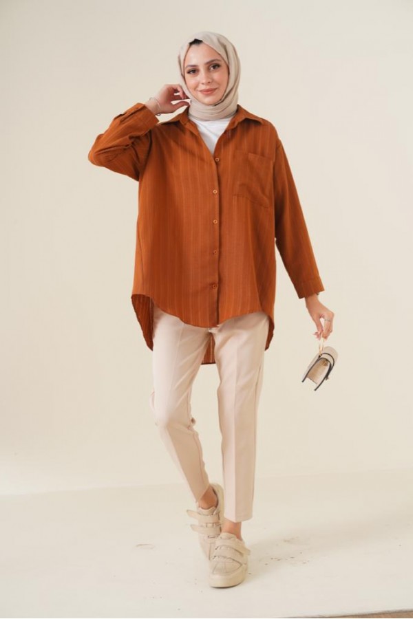  Kendinden Desenli Tesettür Gömlek Kahve 61505
