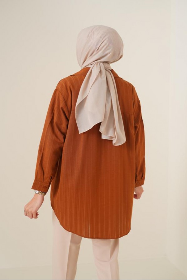  Kendinden Desenli Tesettür Gömlek Kahve 61505