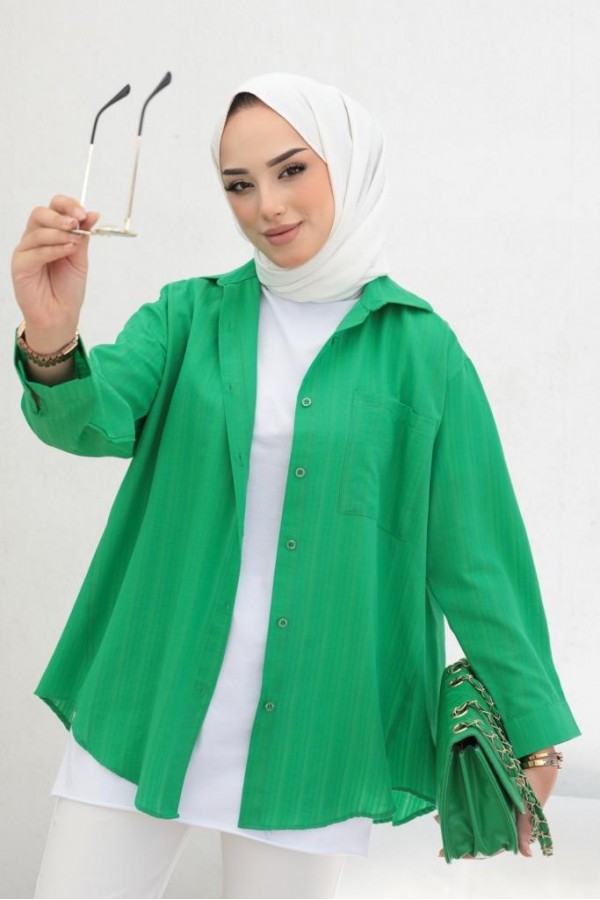Kendinden Desenli Tesettür Gömlek Yeşil 61505 Kendinden Desenli Tesettür Gömlek Yeşil 61505