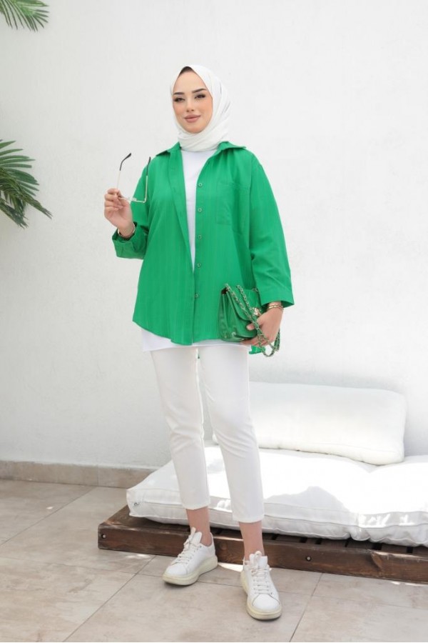 Kendinden Desenli Tesettür Gömlek Yeşil 61505 Kendinden Desenli Tesettür Gömlek Yeşil 61505