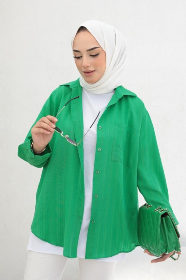 Kendinden Desenli Tesettür Gömlek Yeşil 61505 Kendinden Desenli Tesettür Gömlek Yeşil 61505