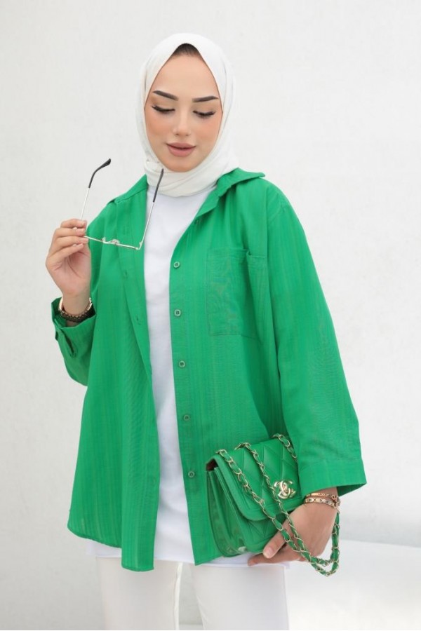 Kendinden Desenli Tesettür Gömlek Yeşil 61505 Kendinden Desenli Tesettür Gömlek Yeşil 61505