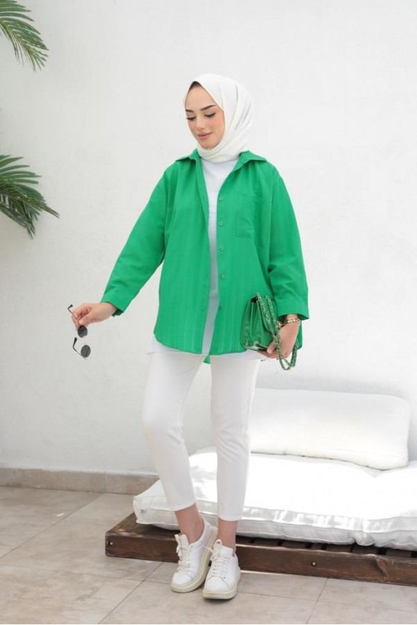 Kendinden Desenli Tesettür Gömlek Yeşil 61505 Kendinden Desenli Tesettür Gömlek Yeşil 61505