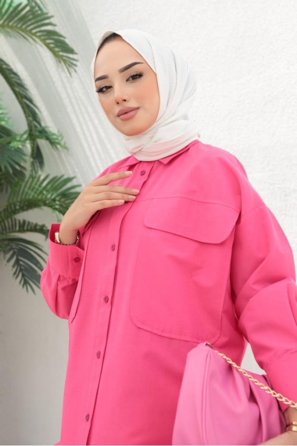  Çift Cepli Tesettür Gömlek Fuşya 61514