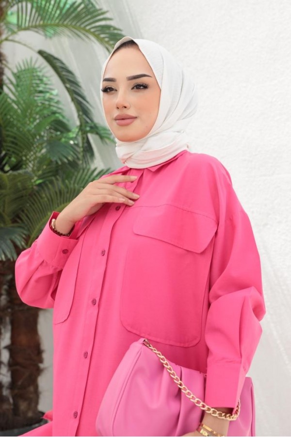  Çift Cepli Tesettür Gömlek Fuşya 61514