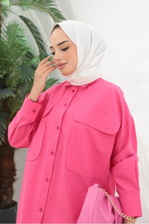  Çift Cepli Tesettür Gömlek Fuşya 61514