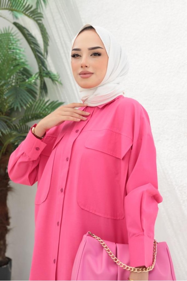  Çift Cepli Tesettür Gömlek Fuşya 61514