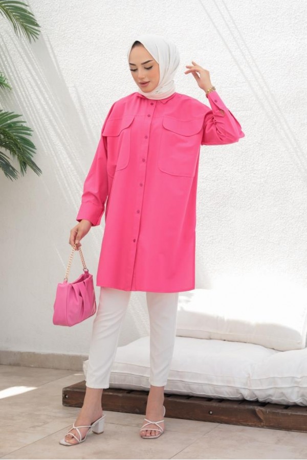  Çift Cepli Tesettür Gömlek Fuşya 61514