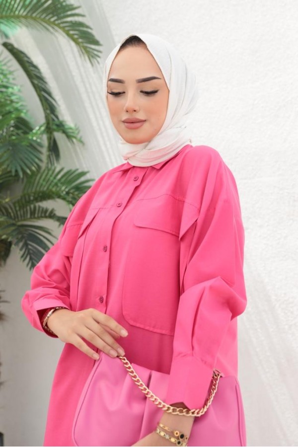  Çift Cepli Tesettür Gömlek Fuşya 61514