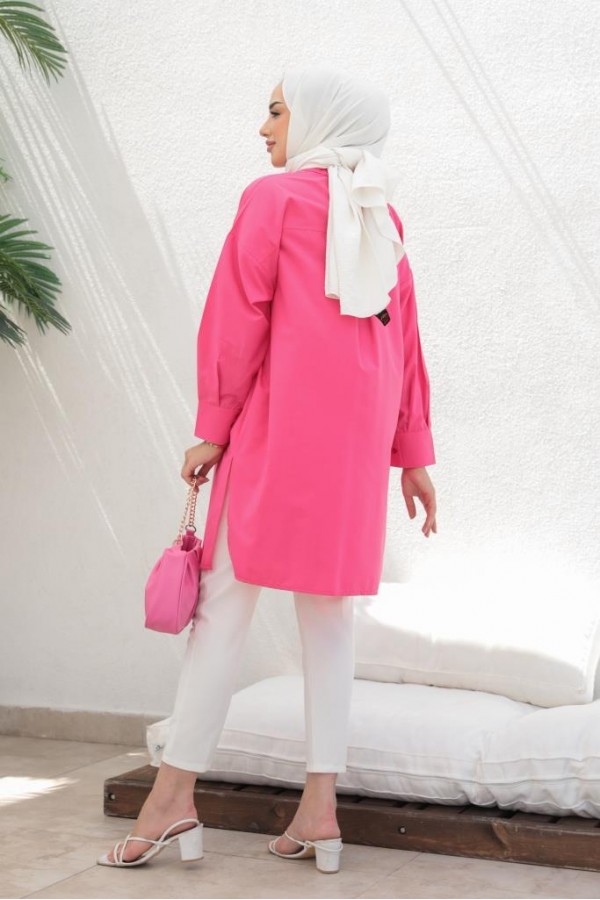  Çift Cepli Tesettür Gömlek Fuşya 61514
