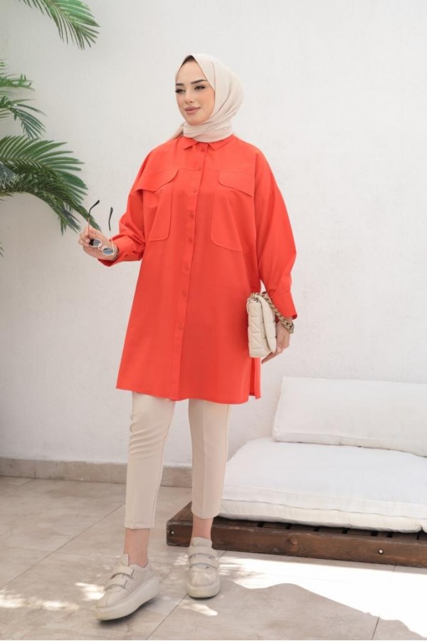  Çift Cepli Tesettür Gömlek Oranj 61514
