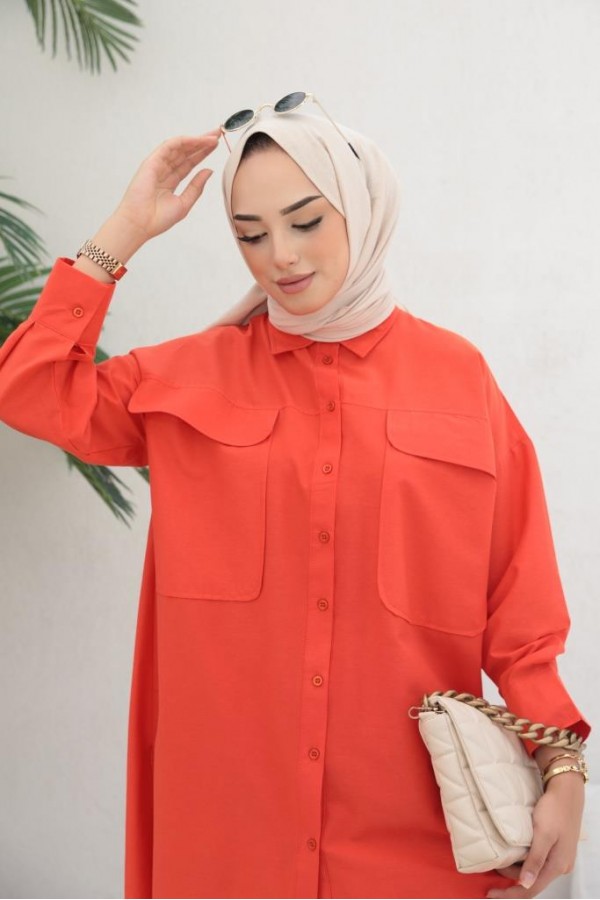  Çift Cepli Tesettür Gömlek Oranj 61514