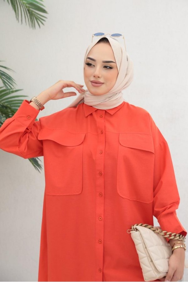  Çift Cepli Tesettür Gömlek Oranj 61514