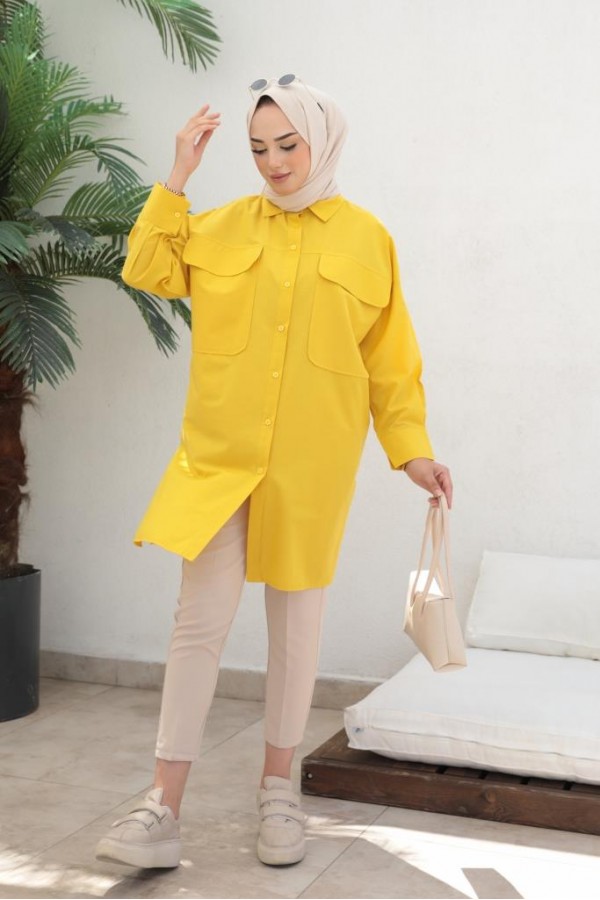  Çift Cepli Tesettür Gömlek Sarı 61514