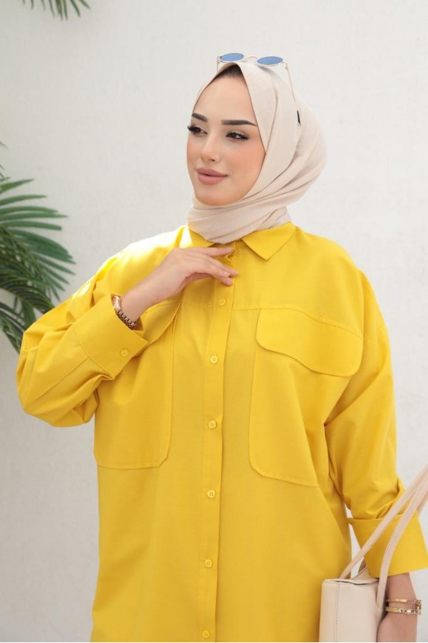  Çift Cepli Tesettür Gömlek Sarı 61514