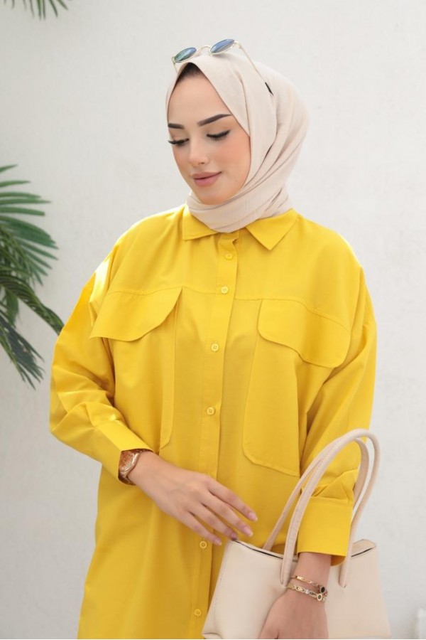  Çift Cepli Tesettür Gömlek Sarı 61514
