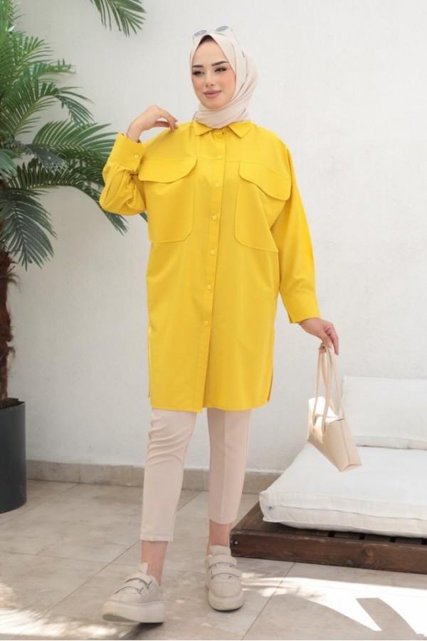  Çift Cepli Tesettür Gömlek Sarı 61514