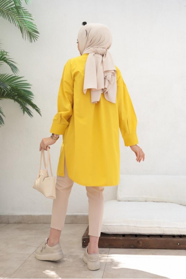  Çift Cepli Tesettür Gömlek Sarı 61514