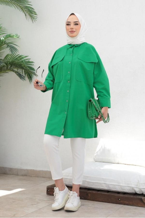  Çift Cepli Tesettür Gömlek Yeşil 61514
