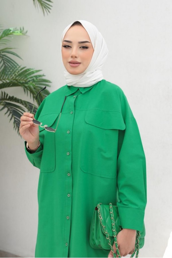  Çift Cepli Tesettür Gömlek Yeşil 61514