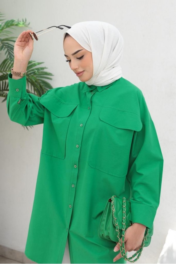  Çift Cepli Tesettür Gömlek Yeşil 61514