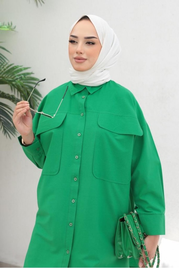  Çift Cepli Tesettür Gömlek Yeşil 61514