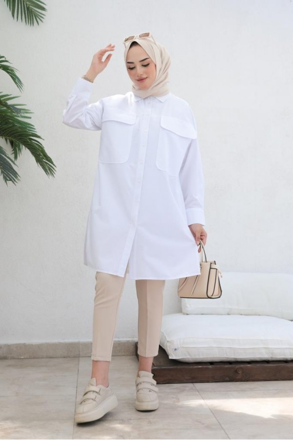  Çift Cepli Tesettür Gömlek Beyaz 61514