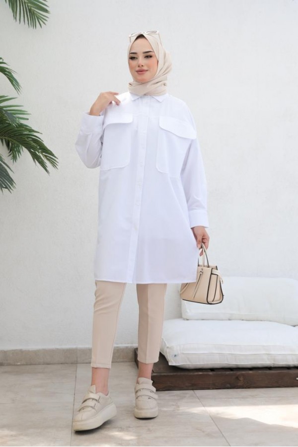  Çift Cepli Tesettür Gömlek Beyaz 61514